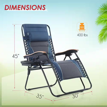 Zero Gravity Lounge Chair Folding Padded Recliner with Wooden Armrest Oversized Outdoor Indoor Blue
