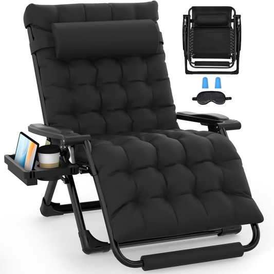 Oversized Zero Gravity Chairs XXL, 33In Padded Zero Gravity Lounge Chair, Lawn Recliner, Folding Patio Reclining Chair W/Aluminum Alloy Lock, Headrest, Cup Holder, Support 500Lbs, Black