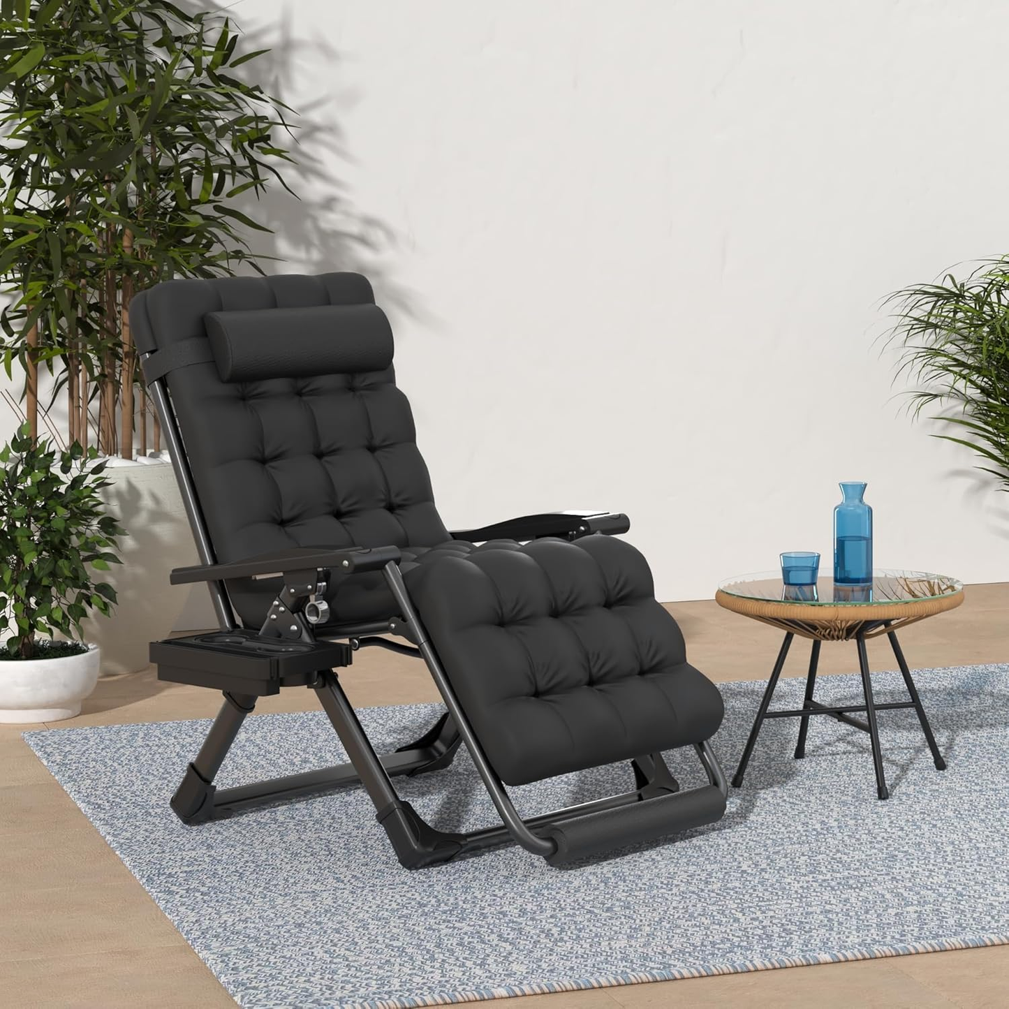 Oversized Zero Gravity Chairs XXL, 33In Padded Zero Gravity Lounge Chair, Lawn Recliner, Folding Patio Reclining Chair W/Aluminum Alloy Lock, Headrest, Cup Holder, Support 500Lbs, Black
