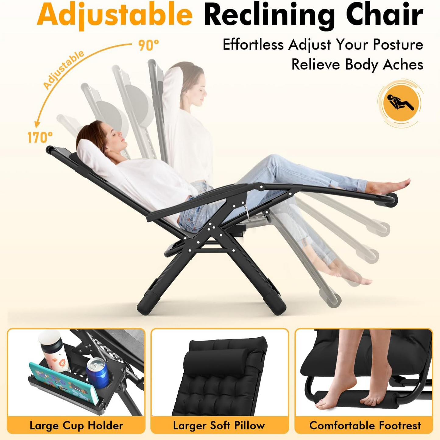 Oversized Zero Gravity Chairs XXL, 33In Padded Zero Gravity Lounge Chair, Lawn Recliner, Folding Patio Reclining Chair W/Aluminum Alloy Lock, Headrest, Cup Holder, Support 500Lbs, Black