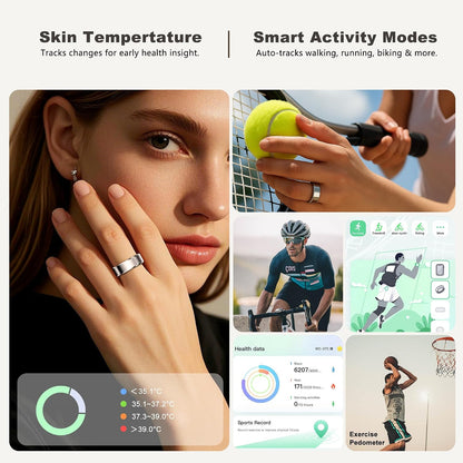 Smart Ring for Women Men, Fashion Minimalist Fitness Ring & Sleep Tracker Rings with Heart Rate, Blood Pressure, Waterproof Health Ring, Nice Gifts for Women, No Subscription (Silver,Size 8)