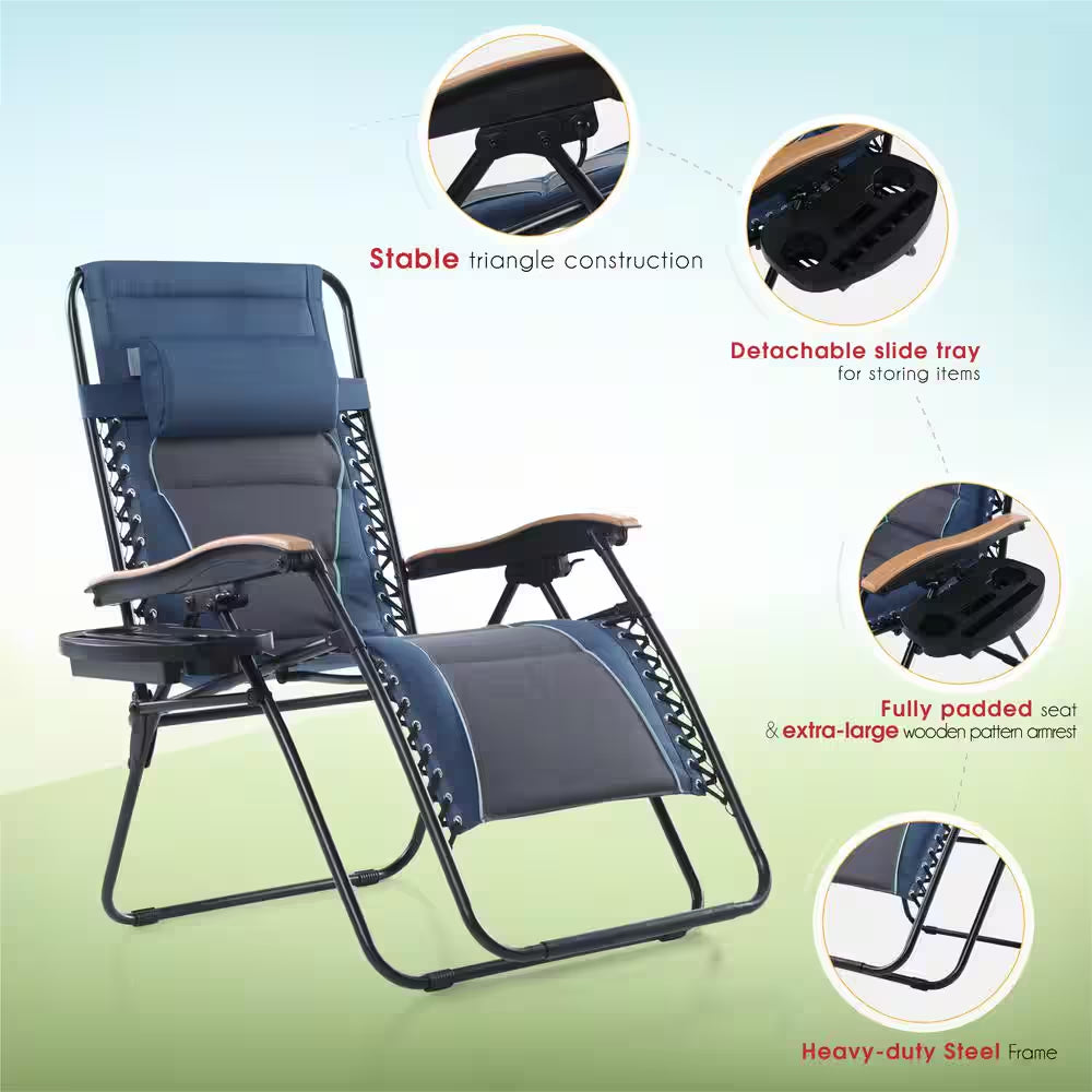 Zero Gravity Lounge Chair Folding Padded Recliner with Wooden Armrest Oversized Outdoor Indoor Blue
