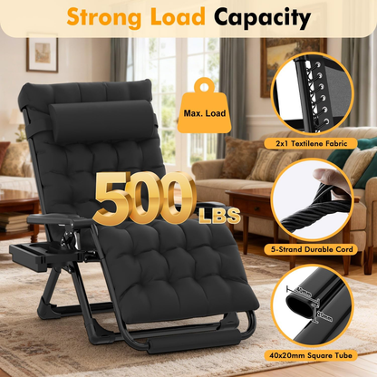 Oversized Zero Gravity Chairs XXL, 33In Padded Zero Gravity Lounge Chair, Lawn Recliner, Folding Patio Reclining Chair W/Aluminum Alloy Lock, Headrest, Cup Holder, Support 500Lbs, Black