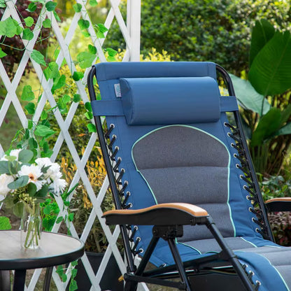 Zero Gravity Lounge Chair Folding Padded Recliner with Wooden Armrest Oversized Outdoor Indoor Blue