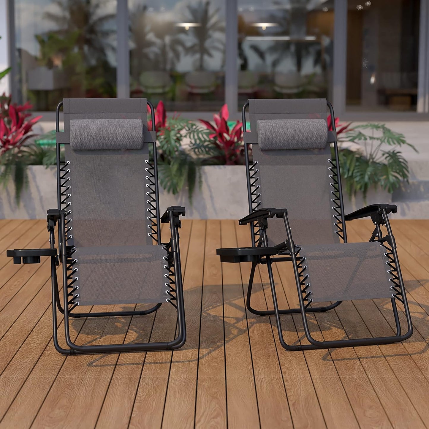 Celestial Adjustable Folding Mesh Zero Gravity Reclining Lounge Chair with Pillow and Cup Holder Tray in Gray, Set of 2