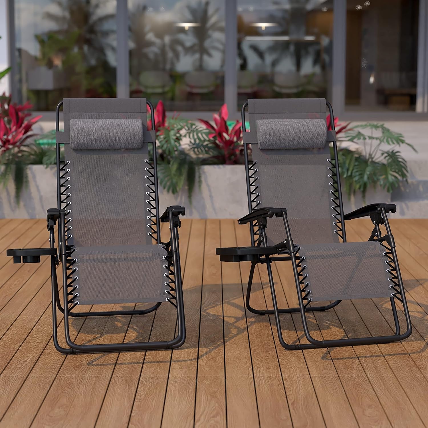 Celestial Adjustable Folding Mesh Zero Gravity Reclining Lounge Chair with Pillow and Cup Holder Tray in Gray, Set of 2