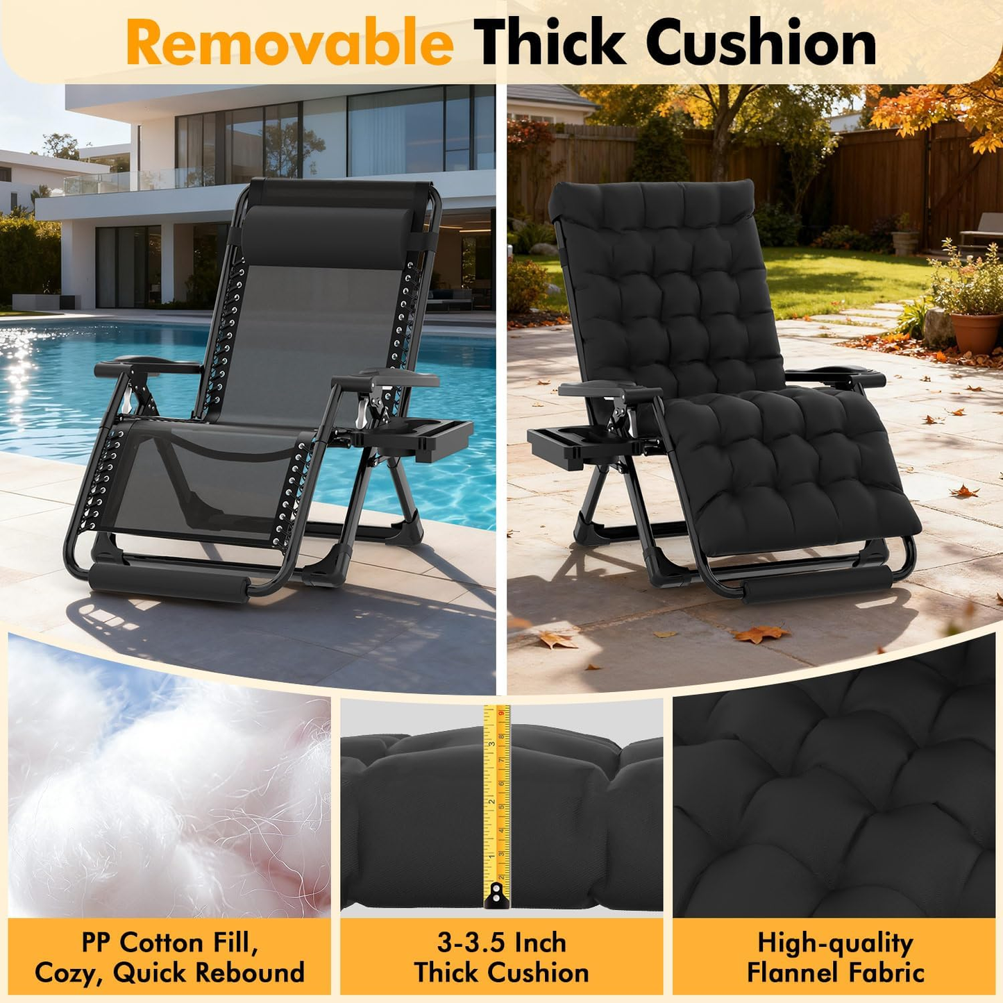 Oversized Zero Gravity Chairs XXL, 33In Padded Zero Gravity Lounge Chair, Lawn Recliner, Folding Patio Reclining Chair W/Aluminum Alloy Lock, Headrest, Cup Holder, Support 500Lbs, Black