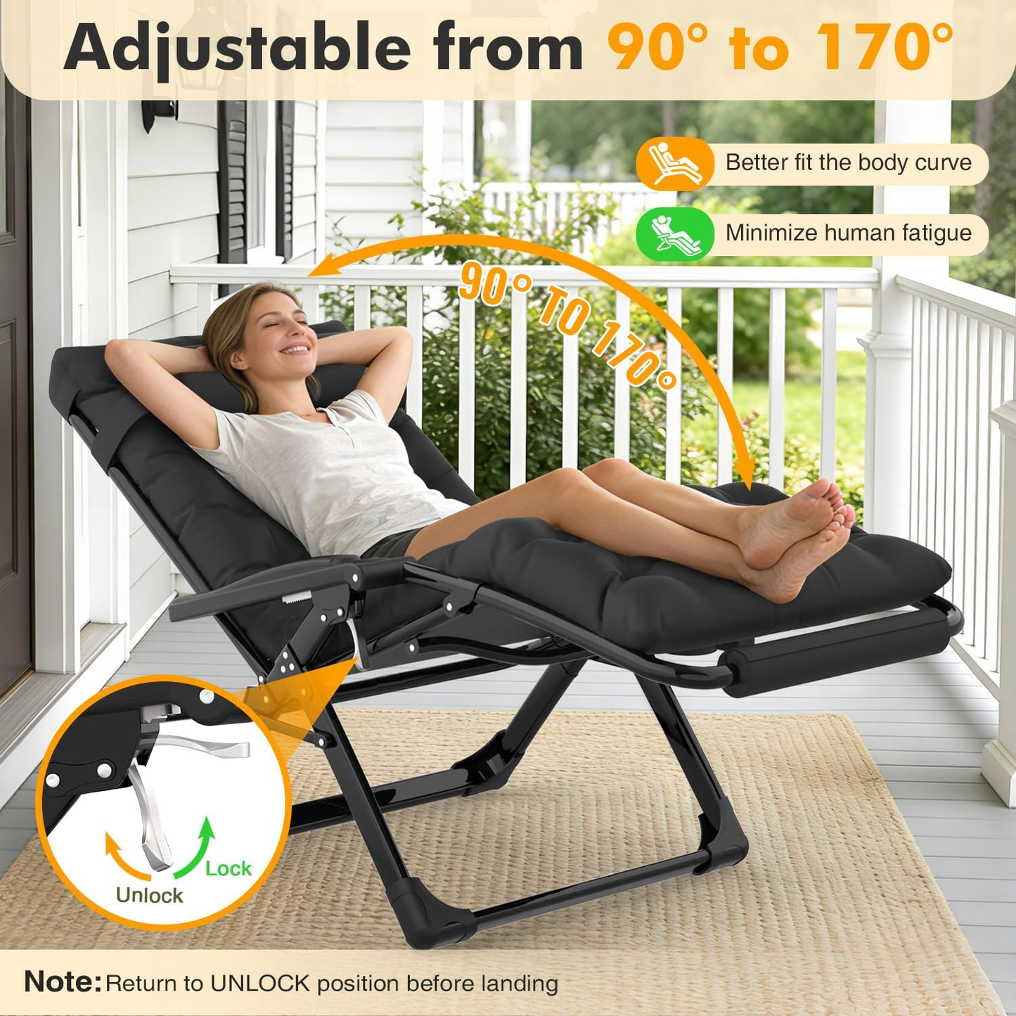 Oversized Zero Gravity Chairs XXL, 33In Padded Zero Gravity Lounge Chair, Lawn Recliner, Folding Patio Reclining Chair W/Aluminum Alloy Lock, Headrest, Cup Holder, Support 500Lbs, Black