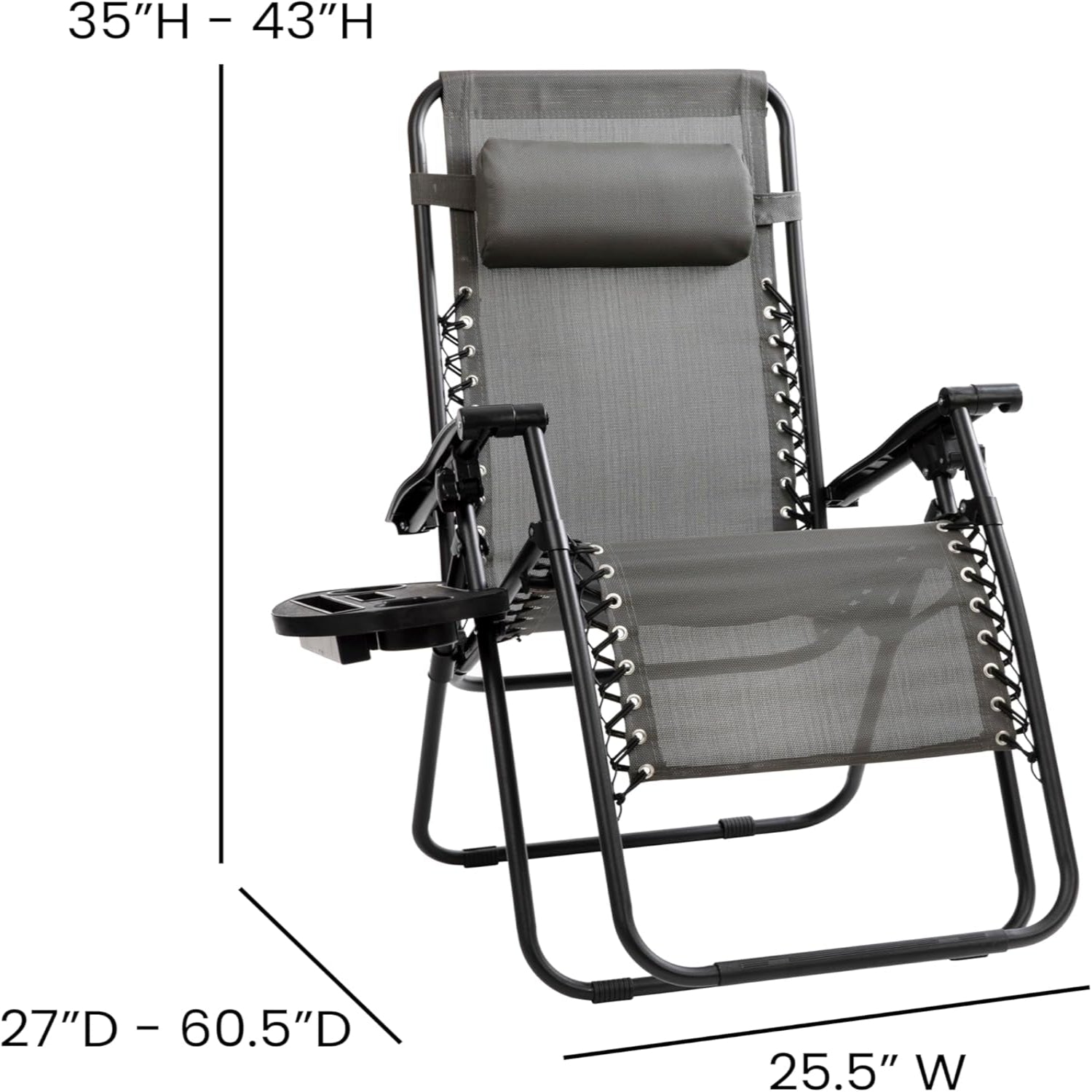 Celestial Adjustable Folding Mesh Zero Gravity Reclining Lounge Chair with Pillow and Cup Holder Tray in Gray, Set of 2