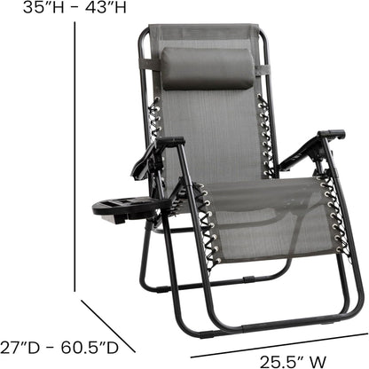 Celestial Adjustable Folding Mesh Zero Gravity Reclining Lounge Chair with Pillow and Cup Holder Tray in Gray, Set of 2