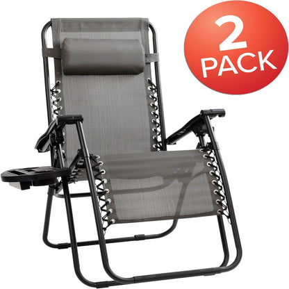 Celestial Adjustable Folding Mesh Zero Gravity Reclining Lounge Chair with Pillow and Cup Holder Tray in Gray, Set of 2