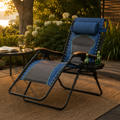 Zero Gravity Lounge Chair Folding Padded Recliner with Wooden Armrest Oversized Outdoor Indoor Blue