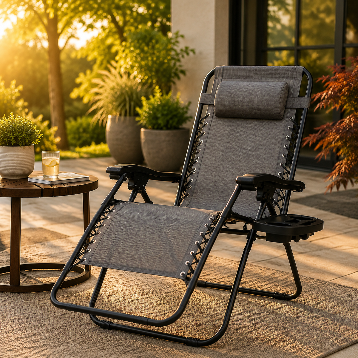 Celestial Adjustable Folding Mesh Zero Gravity Reclining Lounge Chair with Pillow and Cup Holder Tray in Gray, Set of 2