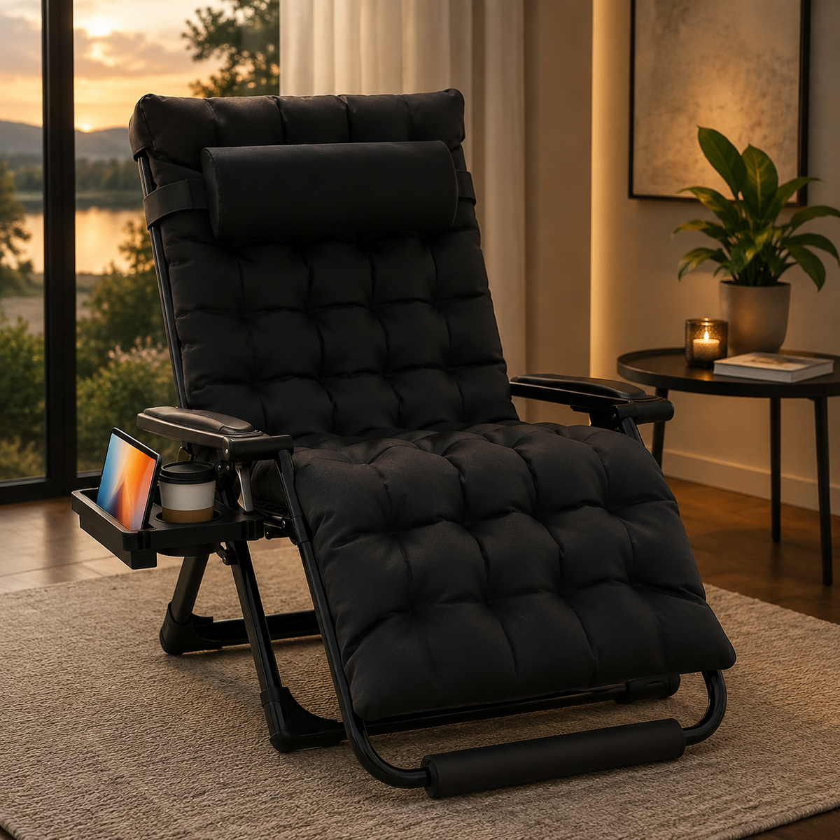 Oversized Zero Gravity Chairs XXL, 33In Padded Zero Gravity Lounge Chair, Lawn Recliner, Folding Patio Reclining Chair W/Aluminum Alloy Lock, Headrest, Cup Holder, Support 500Lbs, Black