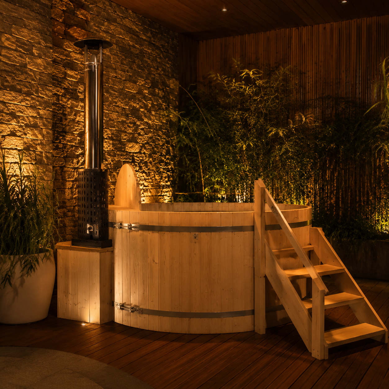 Wood Fired 4-Person to 5-Person 0-Jet Hot Tub and Ice Bath with Internal Stove Pine