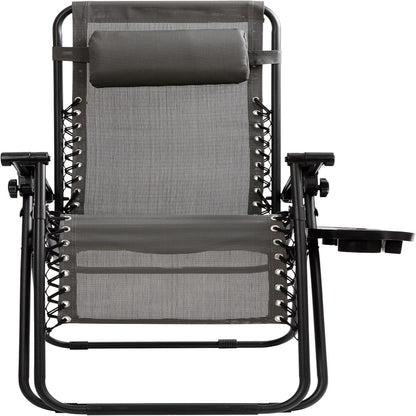 Celestial Adjustable Folding Mesh Zero Gravity Reclining Lounge Chair with Pillow and Cup Holder Tray in Gray, Set of 2