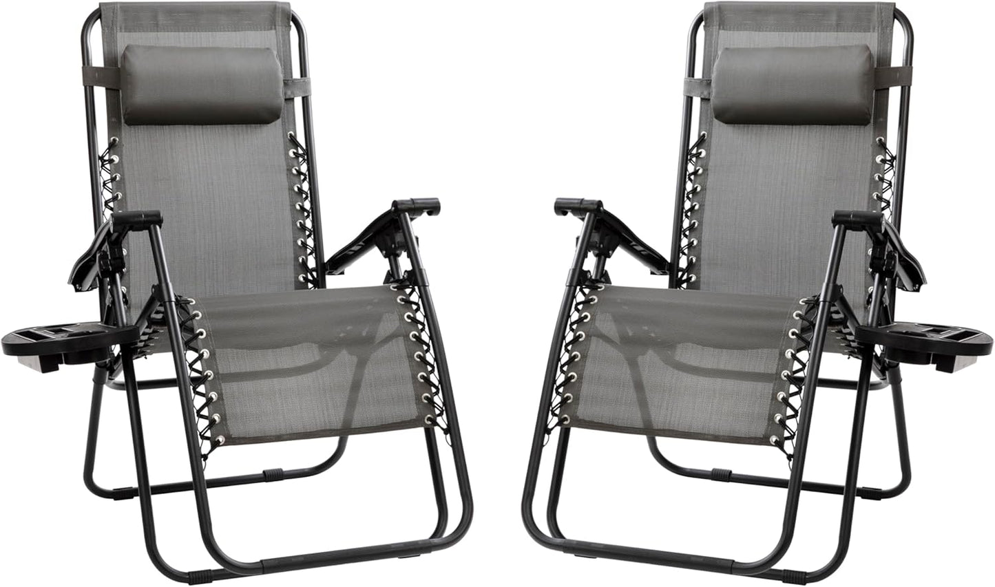 Celestial Adjustable Folding Mesh Zero Gravity Reclining Lounge Chair with Pillow and Cup Holder Tray in Gray, Set of 2