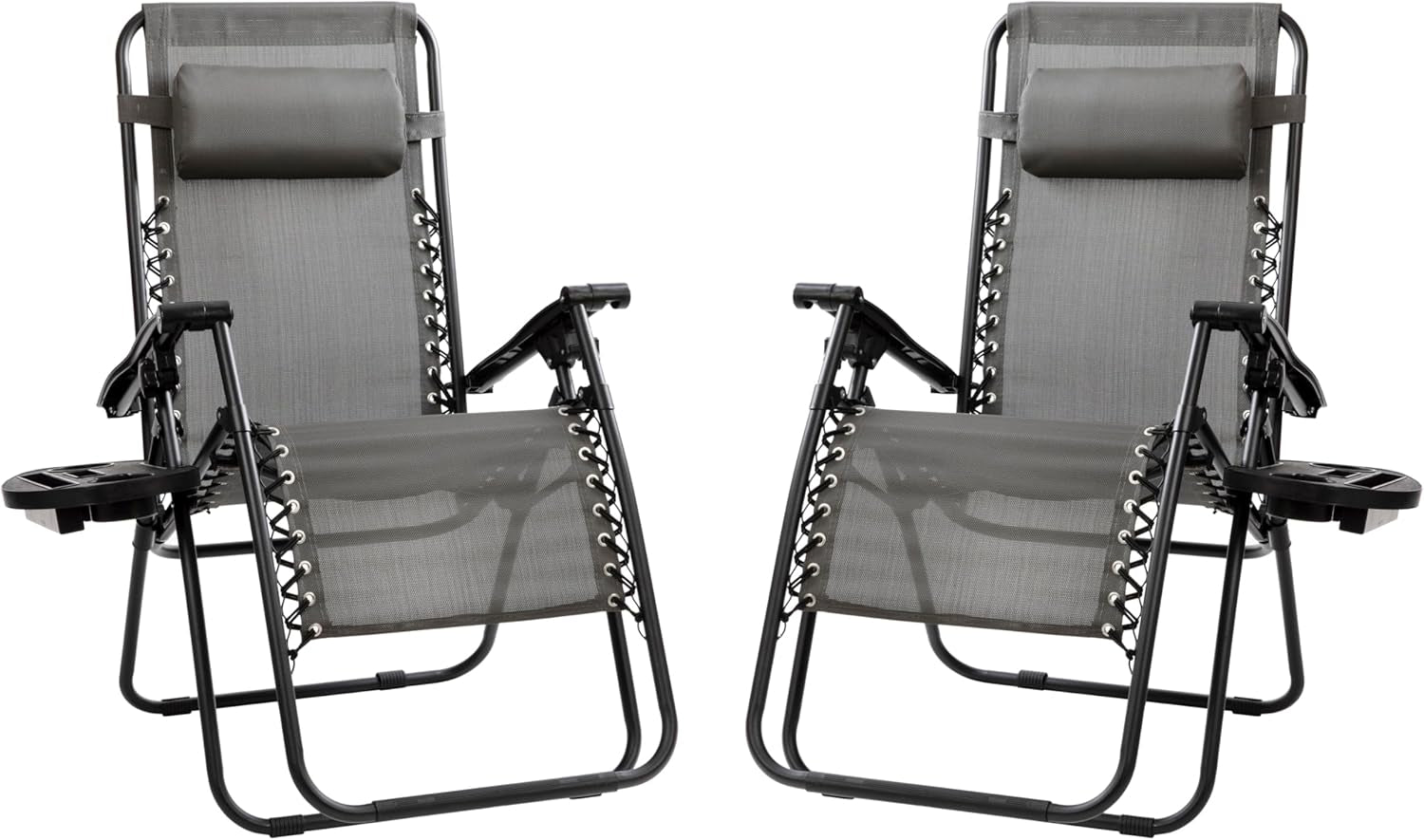 Celestial Adjustable Folding Mesh Zero Gravity Reclining Lounge Chair with Pillow and Cup Holder Tray in Gray, Set of 2