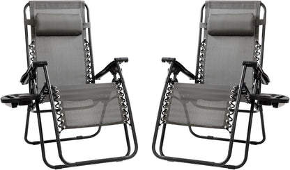Celestial Adjustable Folding Mesh Zero Gravity Reclining Lounge Chair with Pillow and Cup Holder Tray in Gray, Set of 2