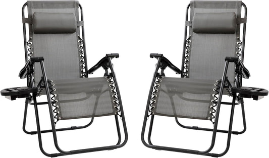 Celestial Adjustable Folding Mesh Zero Gravity Reclining Lounge Chair with Pillow and Cup Holder Tray in Gray, Set of 2