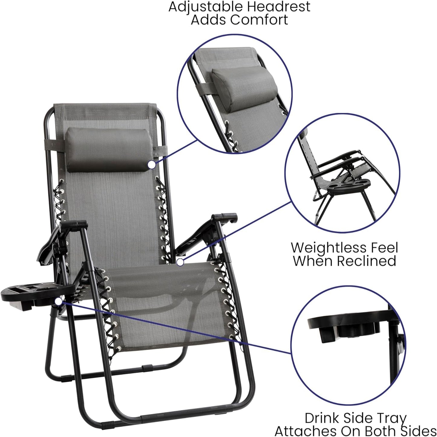 Celestial Adjustable Folding Mesh Zero Gravity Reclining Lounge Chair with Pillow and Cup Holder Tray in Gray, Set of 2