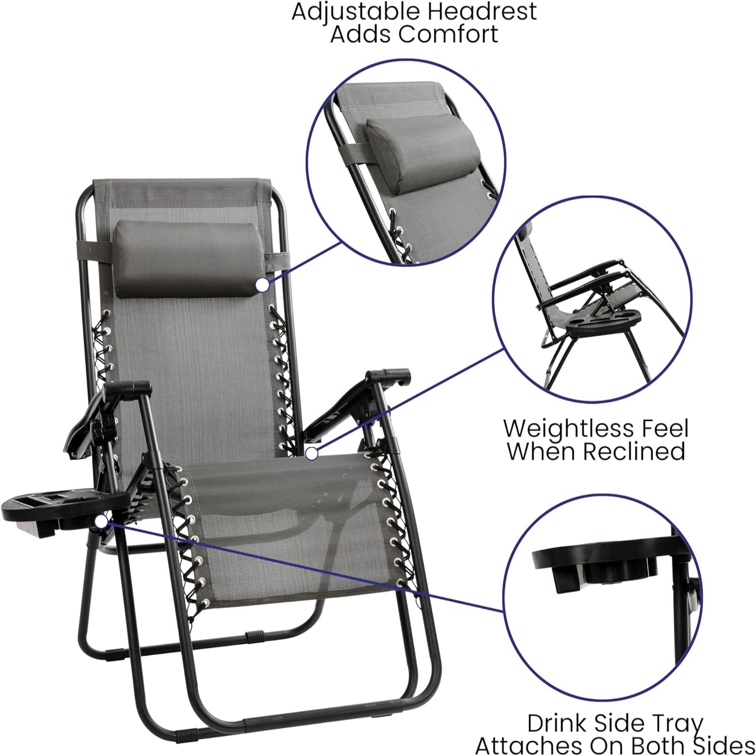 Celestial Adjustable Folding Mesh Zero Gravity Reclining Lounge Chair with Pillow and Cup Holder Tray in Gray, Set of 2