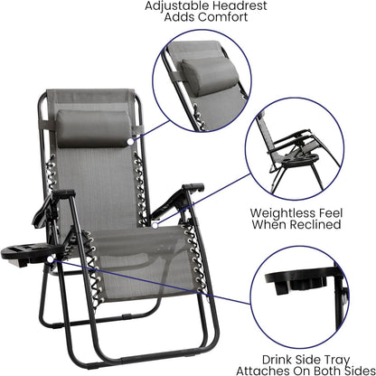 Celestial Adjustable Folding Mesh Zero Gravity Reclining Lounge Chair with Pillow and Cup Holder Tray in Gray, Set of 2