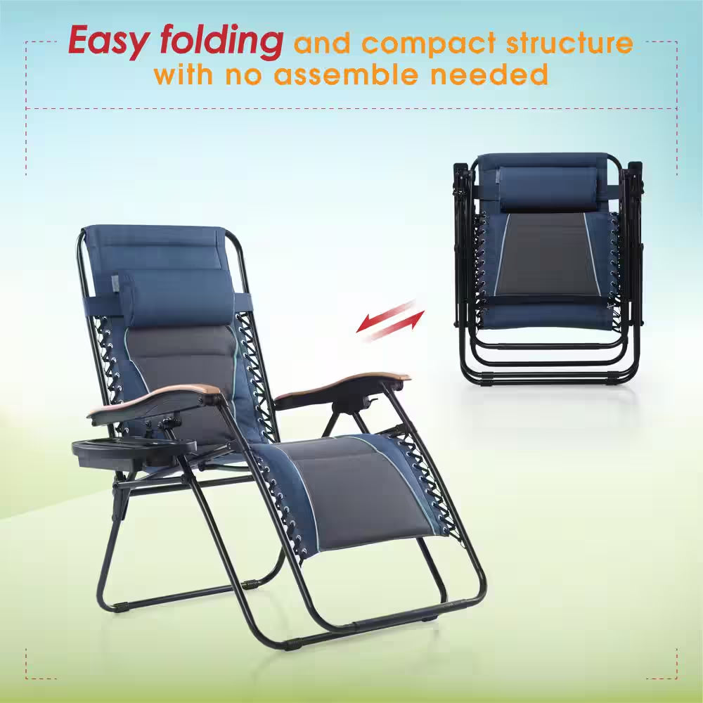 Zero Gravity Lounge Chair Folding Padded Recliner with Wooden Armrest Oversized Outdoor Indoor Blue