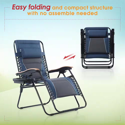 Zero Gravity Lounge Chair Folding Padded Recliner with Wooden Armrest Oversized Outdoor Indoor Blue
