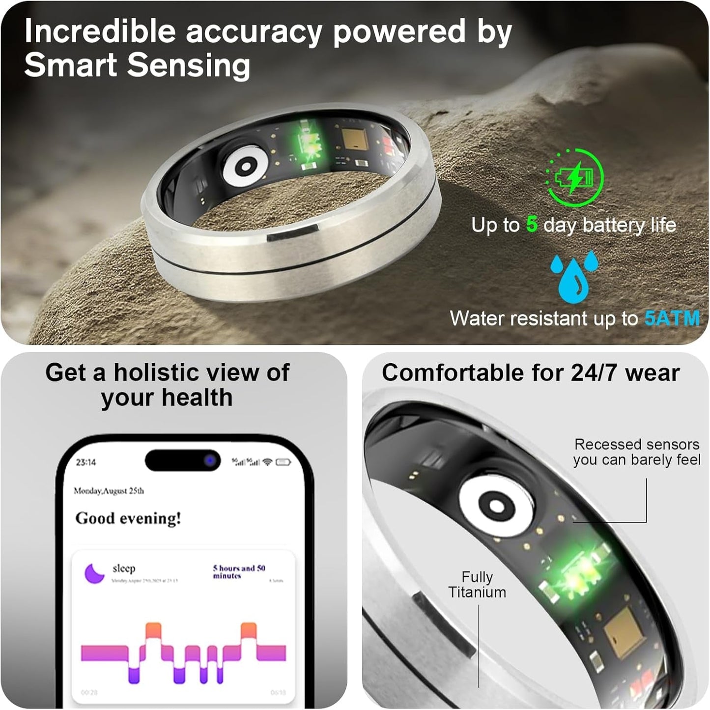 Smart Health Ring X1 Kit-Sleep Tracking Wearable - Heart Rate - Fitness Tracker - up to 5 Days of Battery Life-Ip68 Waterproof-No Subscription Fee for Ios and Android(X1-8#)