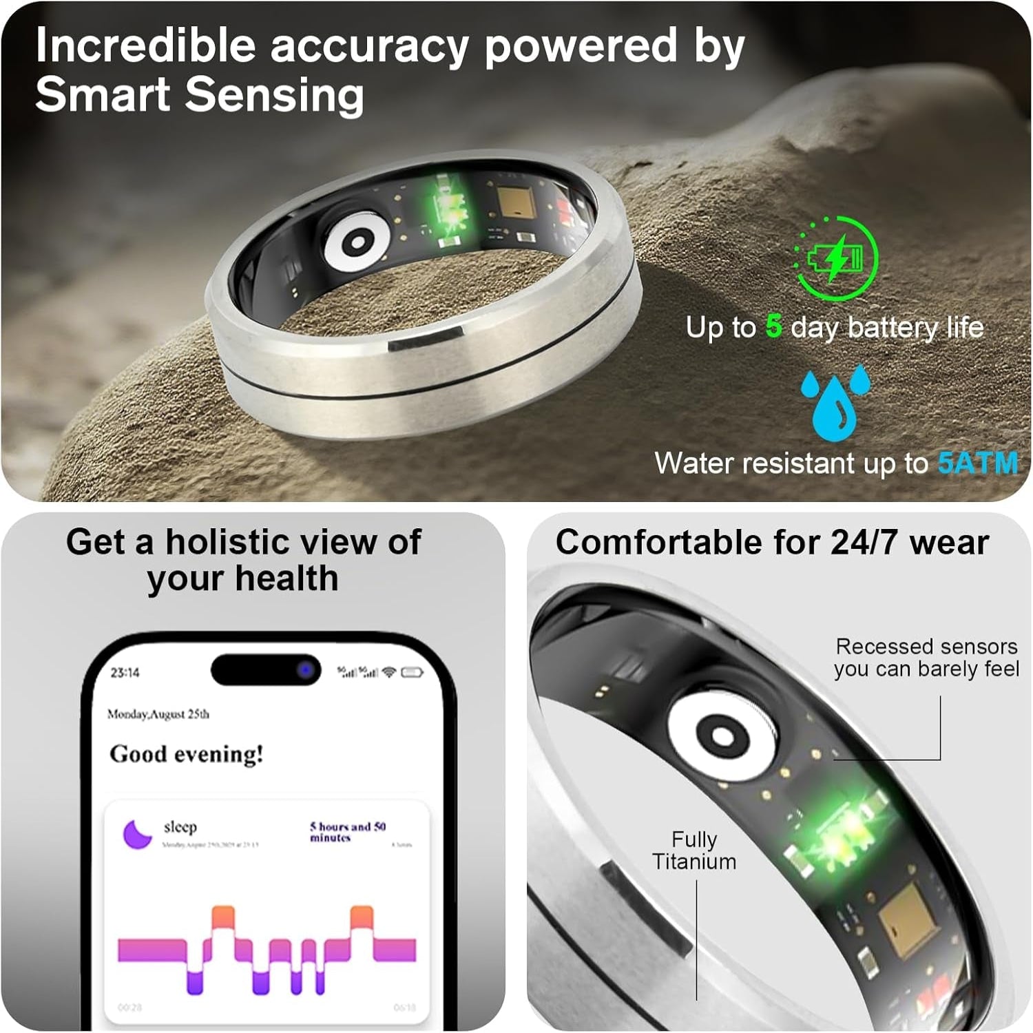 Smart Health Ring X1 Kit-Sleep Tracking Wearable - Heart Rate - Fitness Tracker - up to 5 Days of Battery Life-Ip68 Waterproof-No Subscription Fee for Ios and Android(X1-8#)