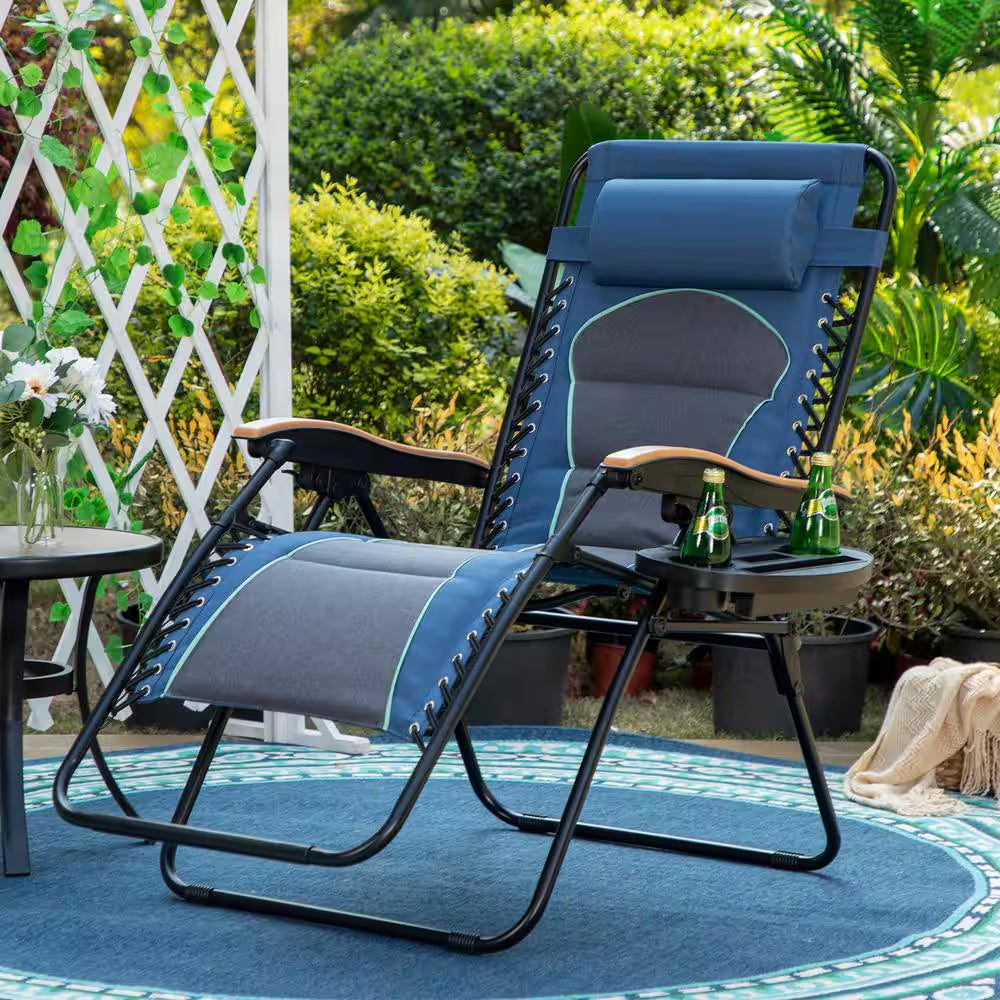 Zero Gravity Lounge Chair Folding Padded Recliner with Wooden Armrest Oversized Outdoor Indoor Blue