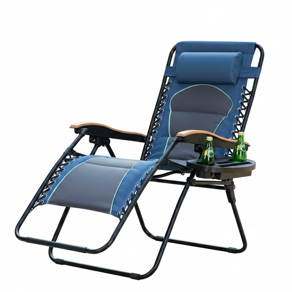 Zero Gravity Lounge Chair Folding Padded Recliner with Wooden Armrest Oversized Outdoor Indoor Blue