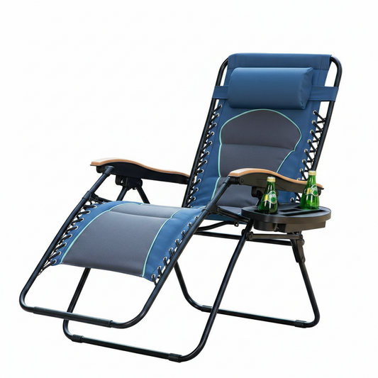 Zero Gravity Lounge Chair Folding Padded Recliner with Wooden Armrest Oversized Outdoor Indoor Blue